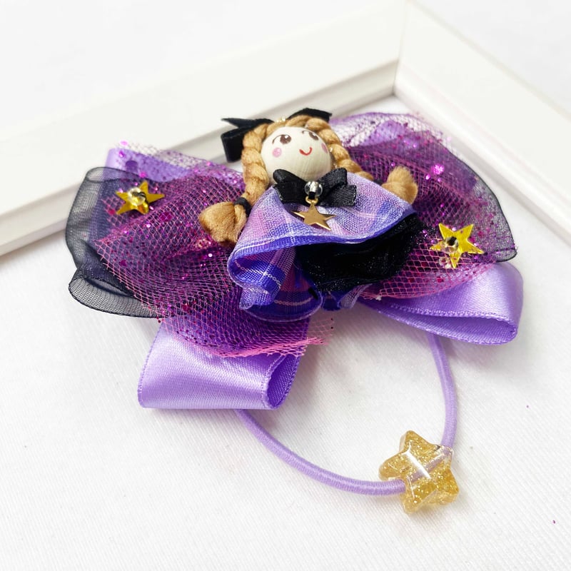 ハロウィンリボンヘアゴムNo.18☆ファブリック☆シフォンリボン☆ブラック ハロウィンリボンヘアゴムNo.18☆ファブリック☆シフォンリボン