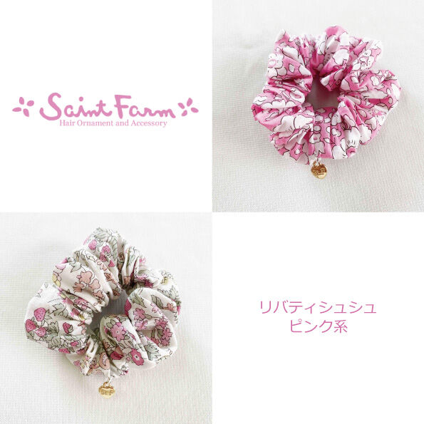 NO.145 ハンドメイドシュシュ　リバティ　花柄　ピンク　手染めビーズ NO.145 ハンドメイドシュシュ リバティ 花柄 ピンク 手染めビーズ