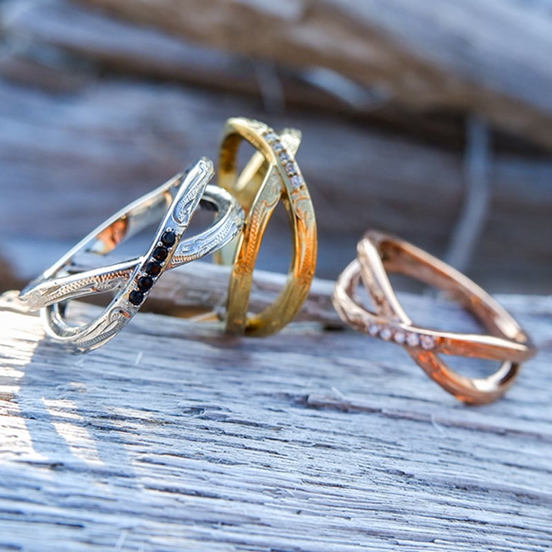 ハワイアンジュエリー リング 2連風 クロス 石 ジルコニア ピンク