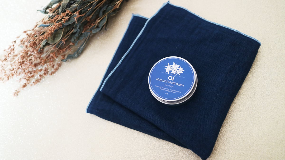 緑と青のハンカチ2枚セット 藍のハンドケアセット】オーガニックマルチバーム＆天然藍染め表