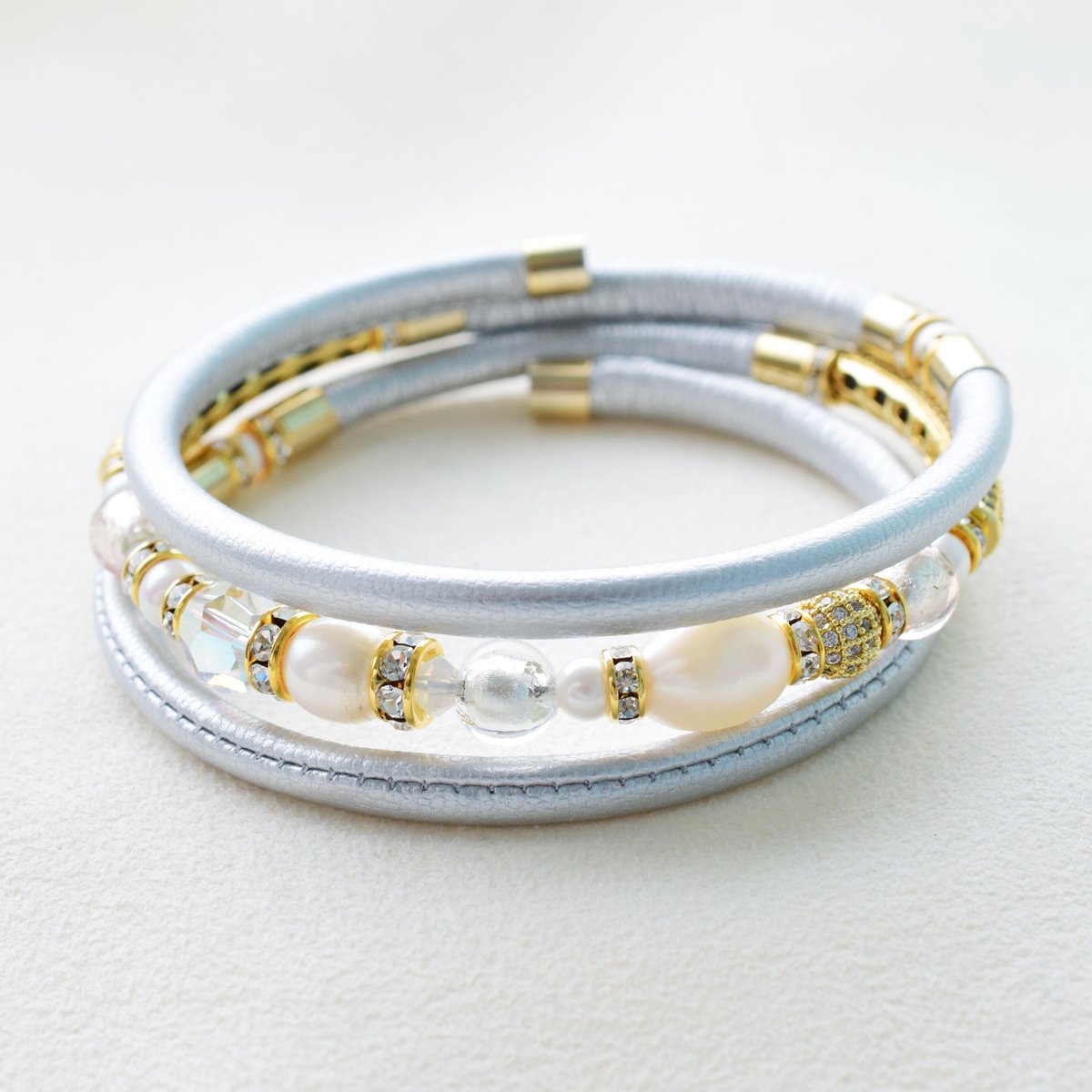 アコヤ本真珠×天然石 三連ブレスレット シルバー【1本】 | beads lot