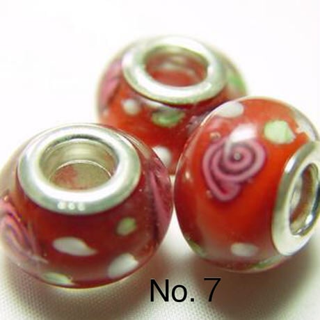 【赤系】Silver925 リム付き ビッグホール ガラスビーズ 9×13mm 穴4mm ランプワーク とんぼ玉風 1個