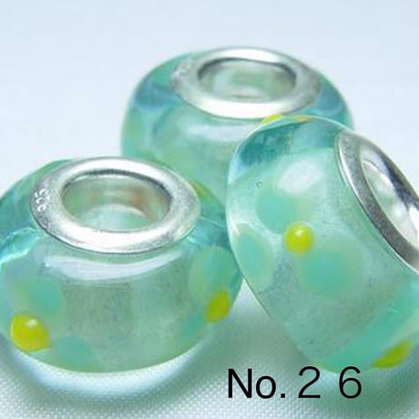 【青系】Silver925 リム付き ビッグホール ガラスビーズ 9×13mm 穴4mm ランプワーク とんぼ玉風 1個