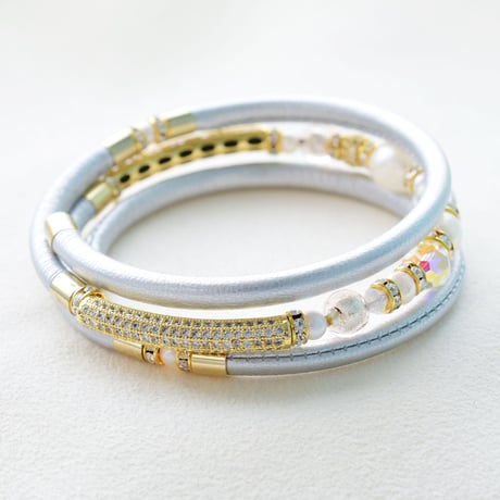 アコヤ本真珠×天然石　三連ブレスレット　シルバー【１本】