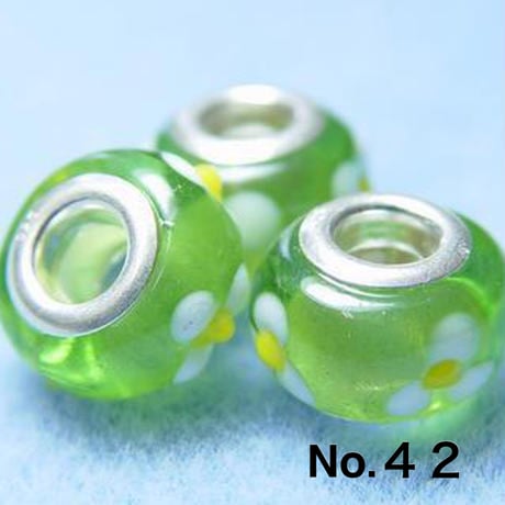 【緑系】Silver925 リム付き ビッグホール ガラスビーズ 8×12mm 穴4mm ランプワーク とんぼ玉風 1個