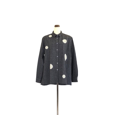 suzusan Wool Cotton Linen Pencil Check Blouse "Dot" Black/Natural White