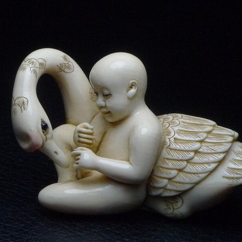 △松山作・本象牙赤子と白鳥根付17g・提げ物△NE33△ | 象牙屋本舗 こ