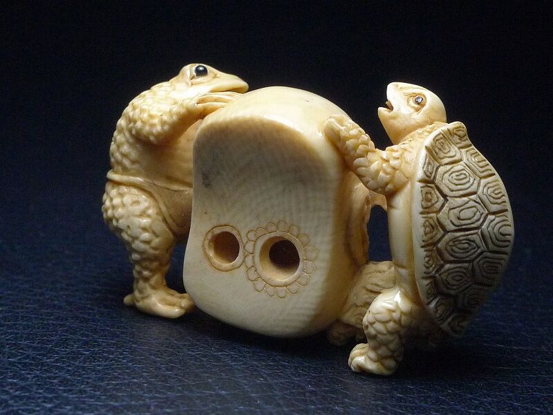 年代物 骨董 象牙風 在銘 恵比寿天 大黒天 根付 47ｇ 縁起物 商売繁盛 年代物 骨董 象牙風 在銘 恵比寿天 大黒天 根付 47g 縁起物