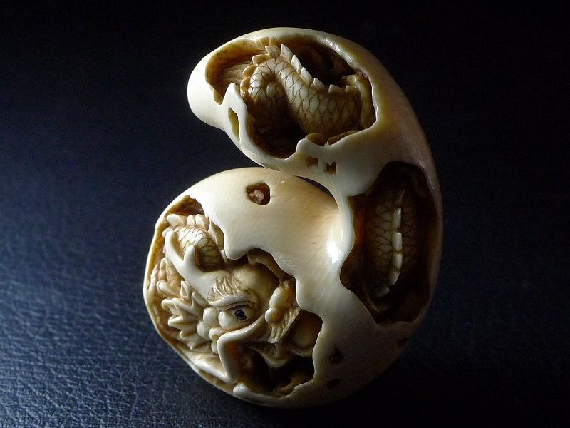 ♥象牙調　根付　竜　龍　ドラゴン　骨董品　アンティーク　レトロ △松山作・本象牙龍根付27g・提げ物△NE5△ | 象牙屋本舗 こほく堂 本