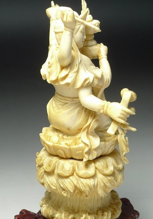 △本象牙彫刻一面六臂像置物唐木台座/如意輪観音大威徳明王6本手