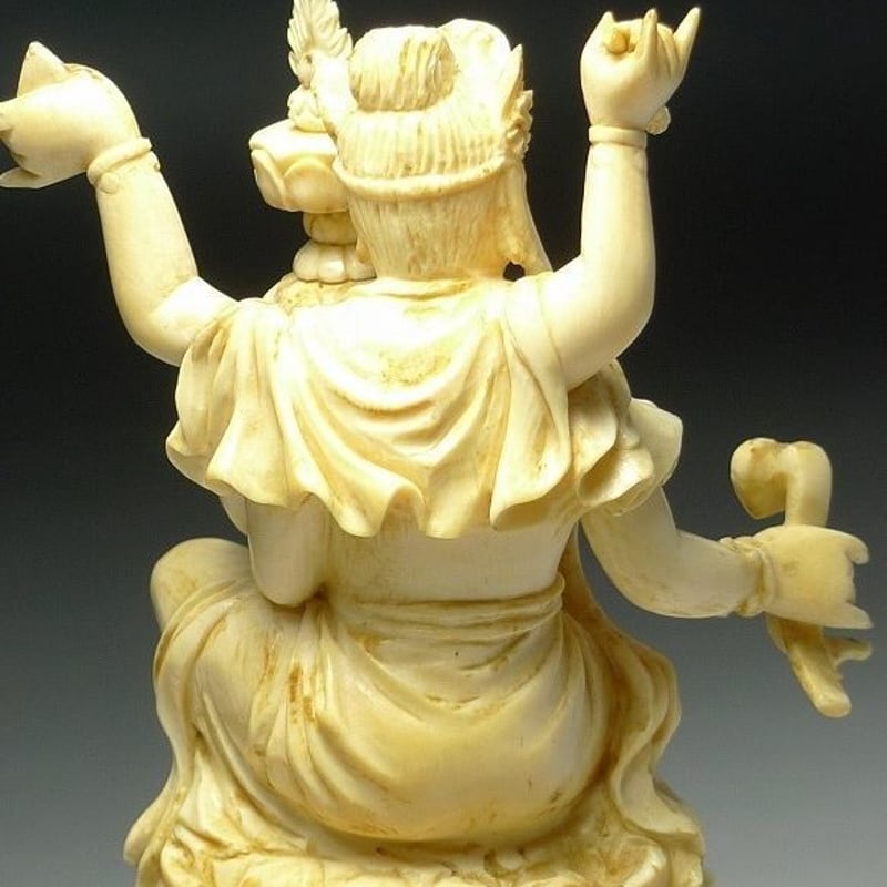 △本象牙彫刻一面六臂像置物唐木台座/如意輪観音大威徳明王6本手