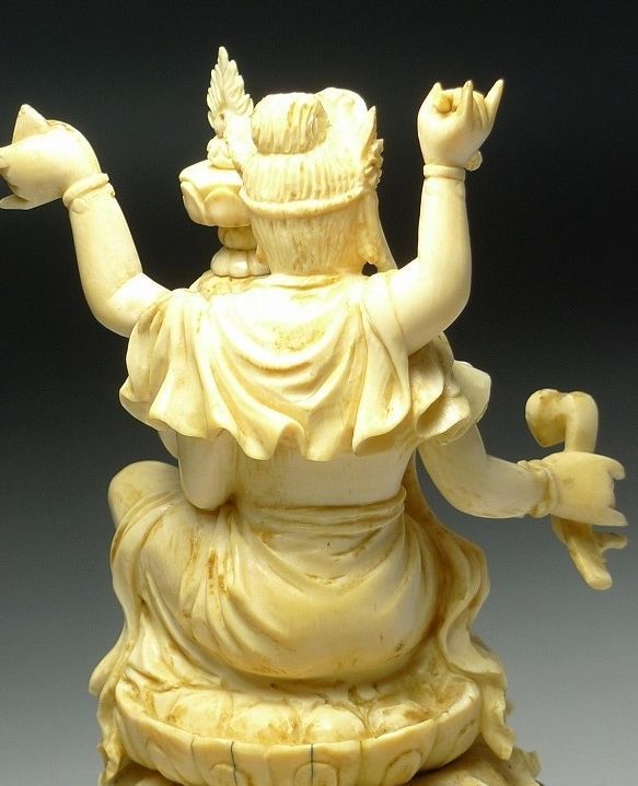△本象牙彫刻一面六臂像置物唐木台座/如意輪観音大威徳明王6本手