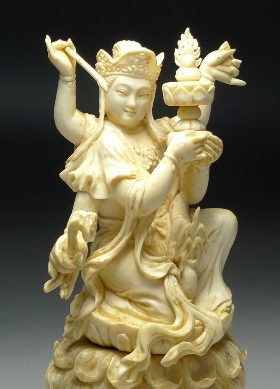 △本象牙彫刻一面六臂像置物唐木台座/如意輪観音大威徳明王6本手