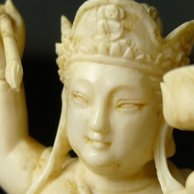 △本象牙彫刻一面六臂像置物唐木台座/如意輪観音大威徳明王6本手