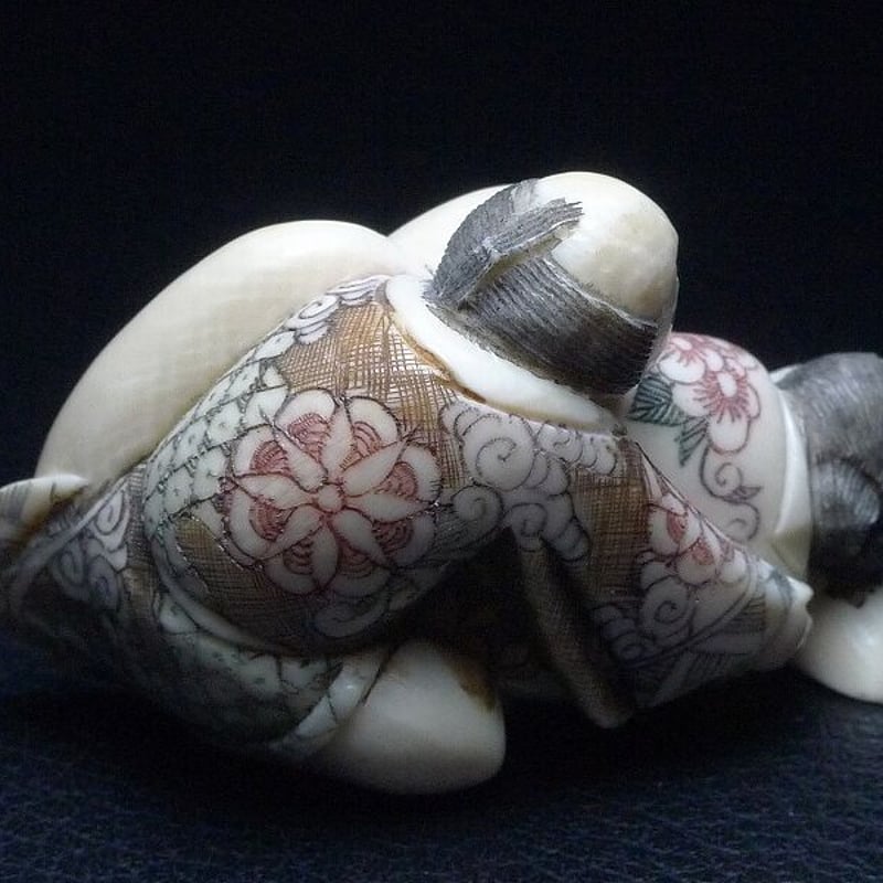 大型根付　浮世絵春画　無着色根付　天然素材牙彫　逸品希少品 独法師】で♪でかい3倍根付 浮世絵春画 2体1対 天然素材牙彫