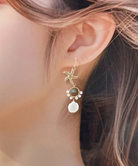 スターフィッシュとシェルのアパタイトピアス　SHELOOMオリジナル