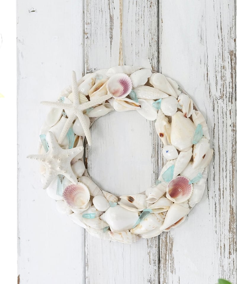 貝殻リース （大）ホワイト　パール ホワイトシェル&ビーチグラスリース | SHELOOM （シェルーム