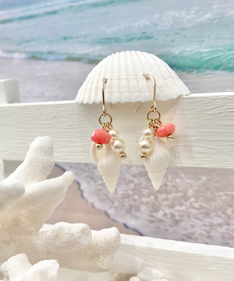 巻貝＆海の泡ピアス / ピンクコーラル SHELOOMオリジナル | SHELOOM