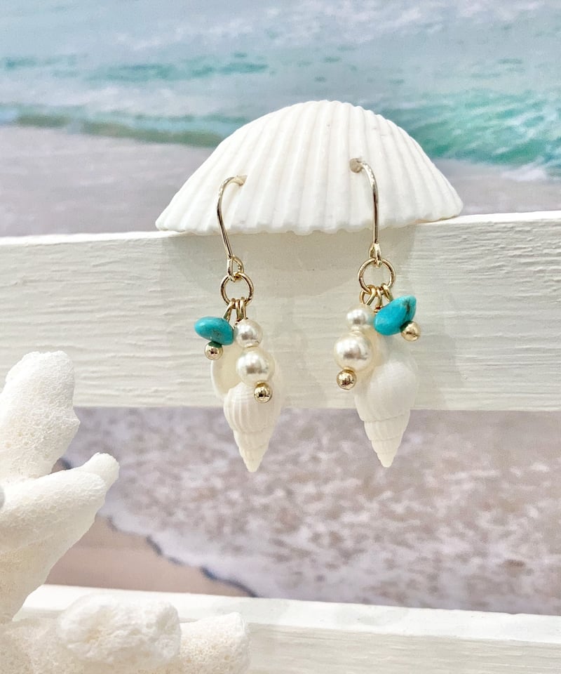 巻貝＆海の泡ピアス / ターコイズ SHELOOMオリジナル | SHELOOM