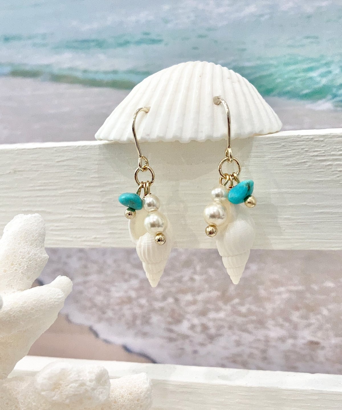 巻貝＆海の泡ピアス / ターコイズ SHELOOMオリジナル | SHELOOM