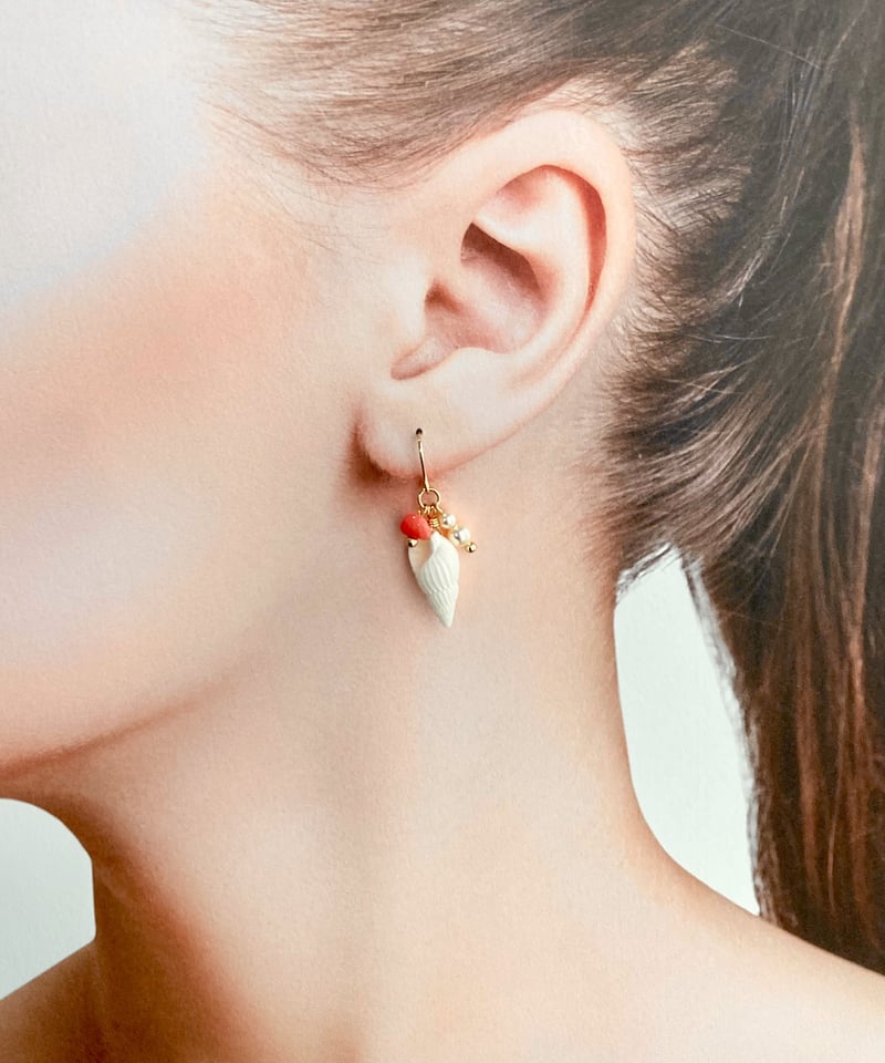 巻貝＆海の泡ピアス / ピンクコーラル SHELOOMオリジナル | SHELOOM