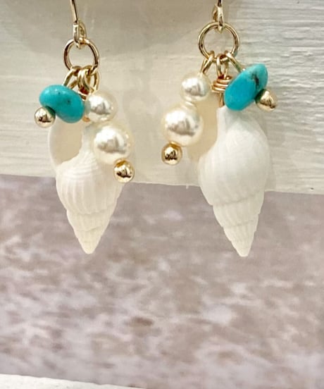 巻貝＆海の泡ピアス  / ターコイズ　SHELOOMオリジナル