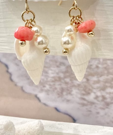 巻貝＆海の泡ピアス  / ピンクコーラル　SHELOOMオリジナル