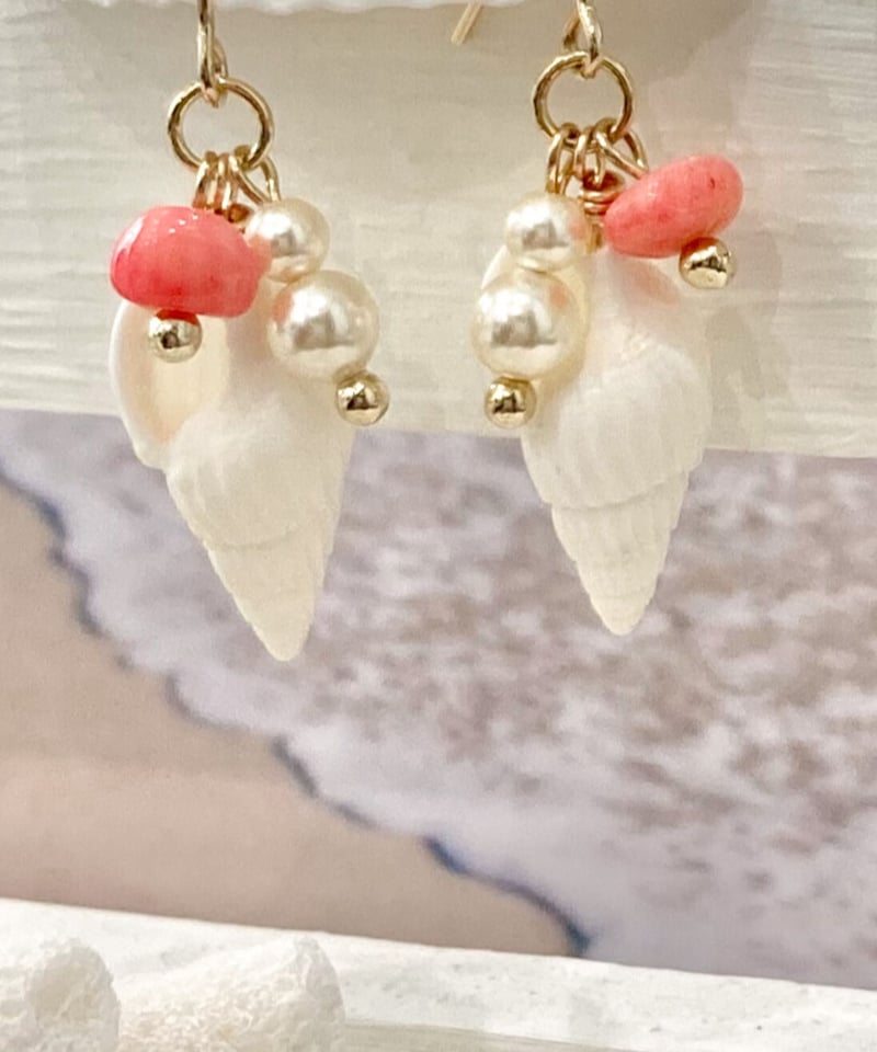 巻貝＆海の泡ピアス / ピンクコーラル SHELOOMオリジナル | SHELOOM