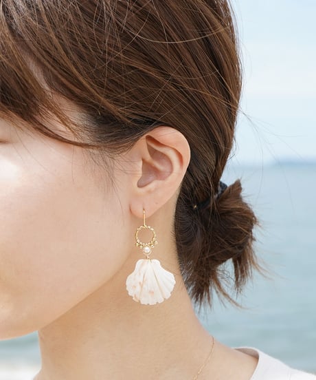 イタヤガイと一粒パールピアス  / ピンク　SHELOOMオリジナル