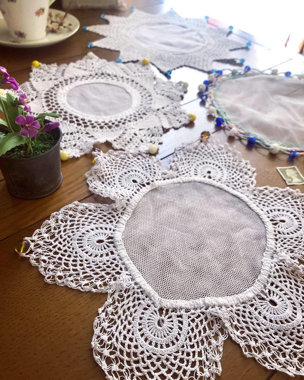 海外店ジャグカバー☆レースドイリー10星形スカラップ&天使と薔薇