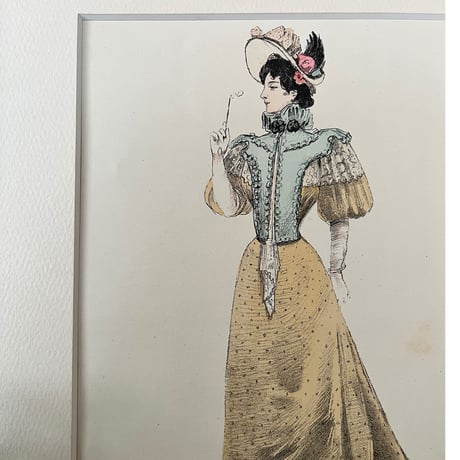 ●ｒ-40/ 19世紀末 仏アンティークプリント 手彩色 フランスの貴婦人