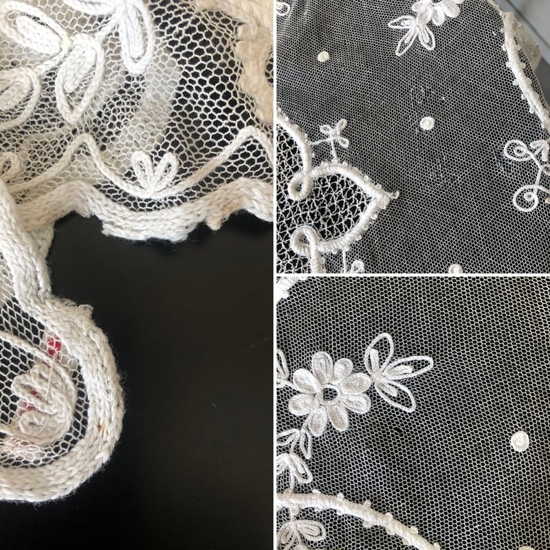 手刺繍入り円形パネル　手編みレース繋ぎ　ホワイト　フリークロス ○l-57/チュール地の手刺繍レースのマット | PISKEY -イギリス