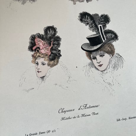 ●ｒ-41/ 19世紀末 仏アンティークプリント 手彩色 貴婦人のヘッドドレス