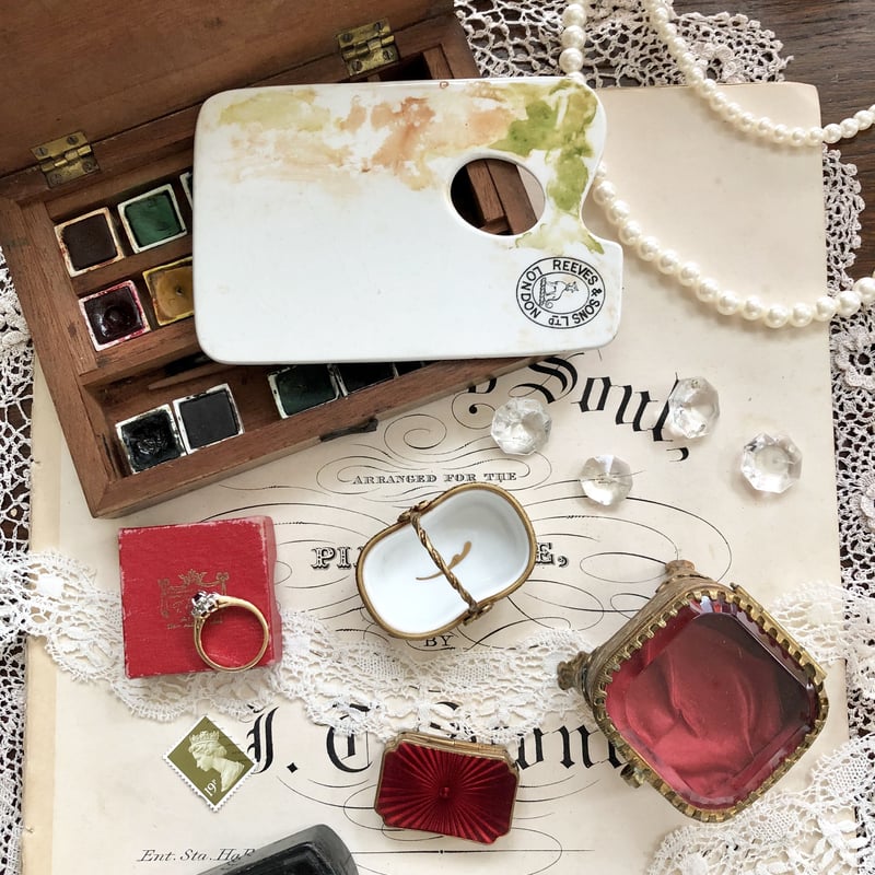 ○h-14/ウッドケース入り水彩絵の具とパレットのセット