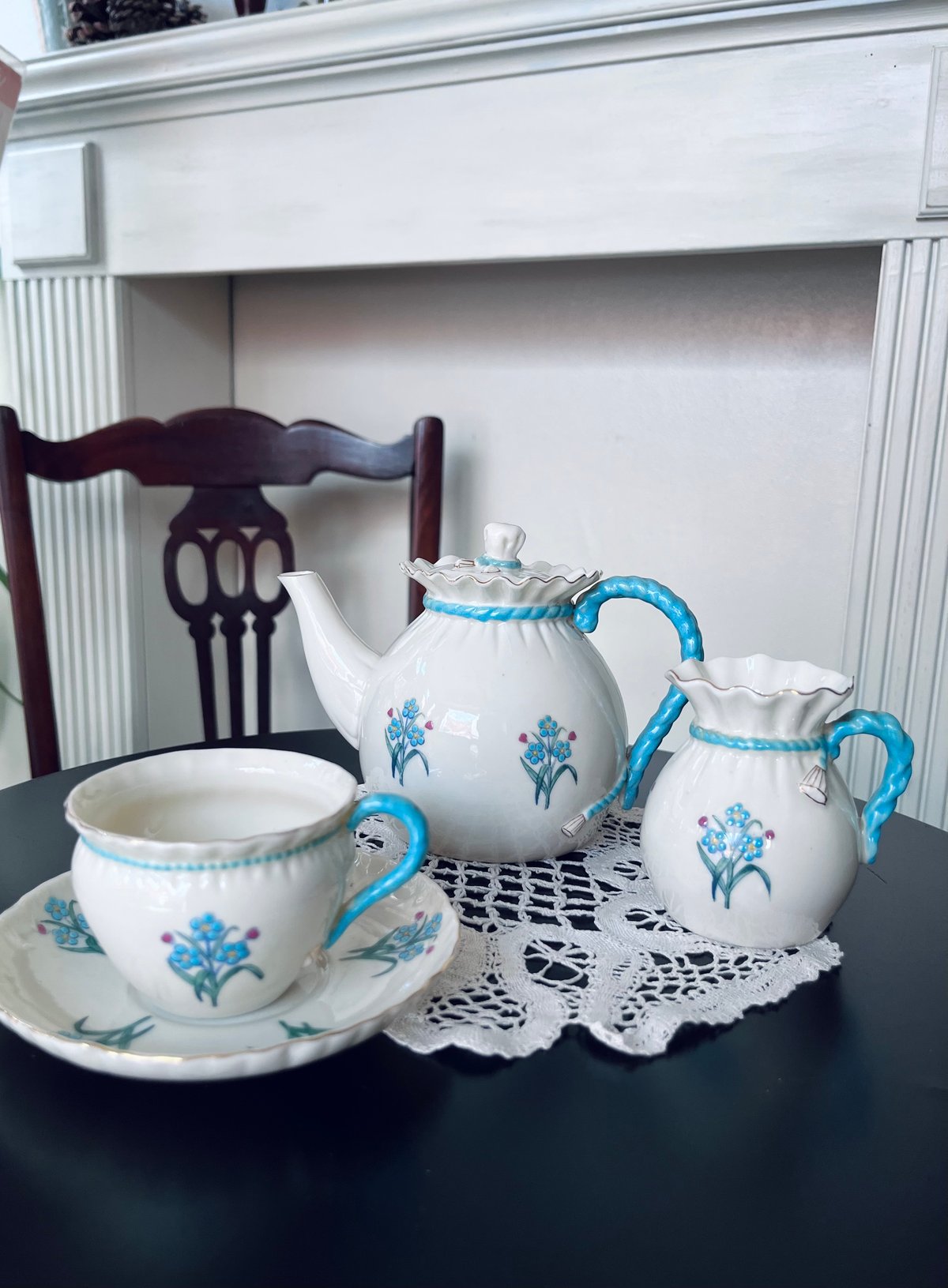 英国】 パールとエングレイブのティーセット 3点 ティーポット 英国