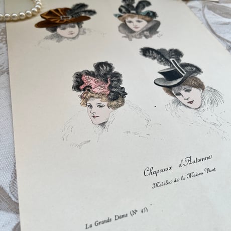 ●ｒ-41/ 19世紀末 仏アンティークプリント 手彩色 貴婦人のヘッドドレス