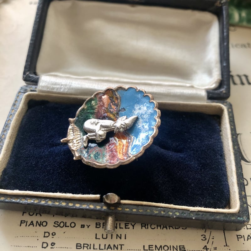 ⬇️【希少】　アンティーク エナメル手書き　ブローチ 1960-70年代 メタル エナメルペイント 白い小鳥 ブローチ（1960