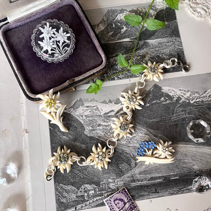 希少　アンティーク　ボーンアート　手彫りブローチk ○ab-24/手彫りのエーデルワイスのブローチ | PISKEY -イギリス