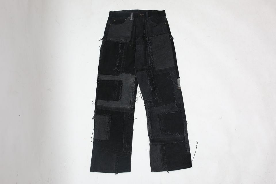 2859 ブラックデニム　リメイク　ベスト　再構築　ジャケット　パッチワーク　黒 fit=scale-down,w=1200