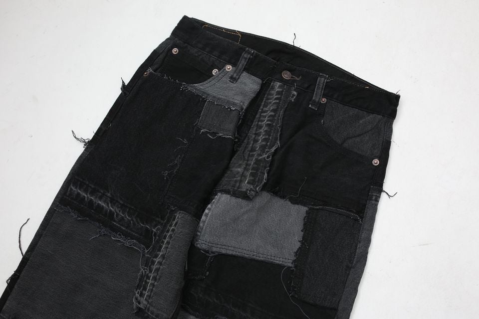 2859 ブラックデニム　リメイク　ベスト　再構築　ジャケット　パッチワーク　黒 2859 ブラックデニム リメイク ベスト 再構築 ジャケット パッチ