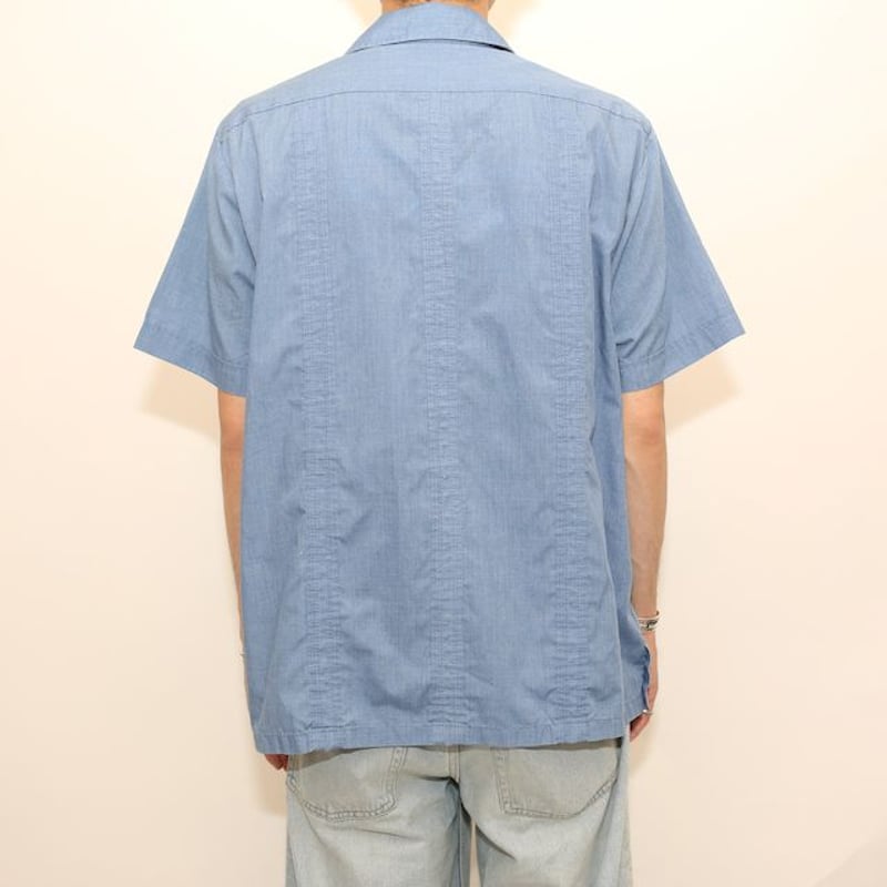 美品✨キューバシャツ シアサッカー生地 刺繍 幾何学 ゆるダボ 白 紺 青 XL 美品✨キューバシャツ シアサッカー生地 刺繍 幾何学 ゆるダボ