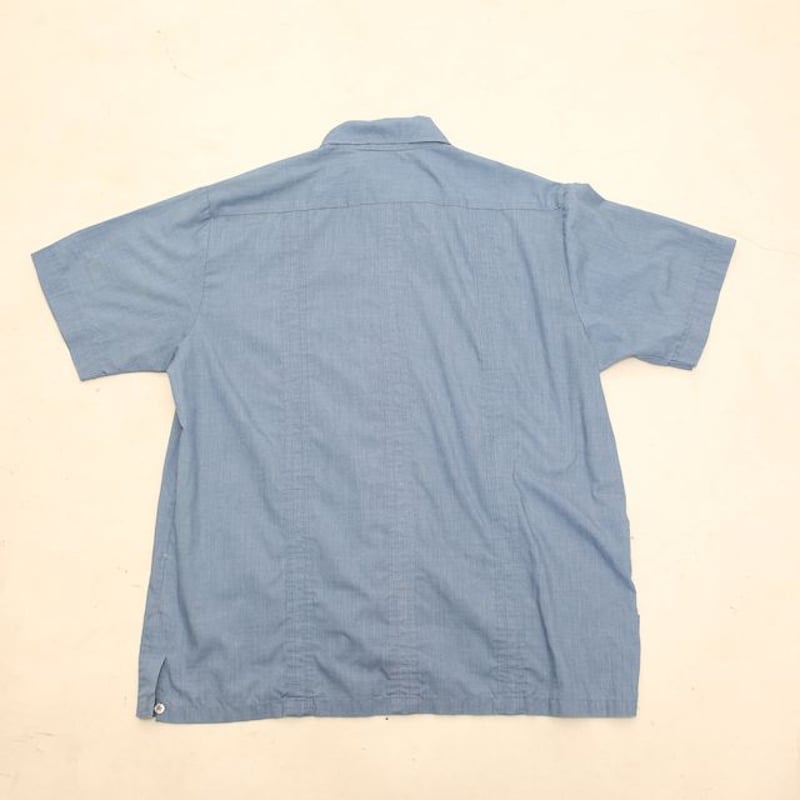 美品✨キューバシャツ シアサッカー生地 刺繍 幾何学 ゆるダボ 白 紺 青 XL CUBAVERA ジップ キューバシャツ Zip Cuba Shirt | Blue