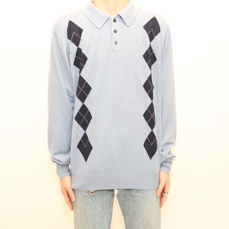 アーガイル柄 アクリル ニット ポロシャツ セーター Sweater# | Blue