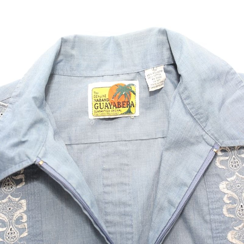 美品✨キューバシャツ シアサッカー生地 刺繍 幾何学 ゆるダボ 白 紺 青 XL CUBAVERA ジップ キューバシャツ Zip Cuba Shirt | Blue