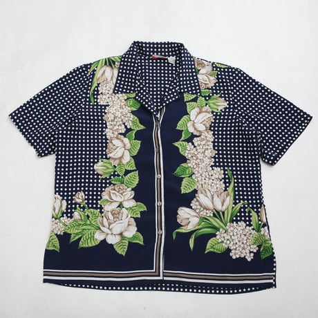 花 ドット柄 ポリエステル オープンカラー 半袖シャツ Flower＆ Dot Patterned Polyester Open Collar S/S Shirt#