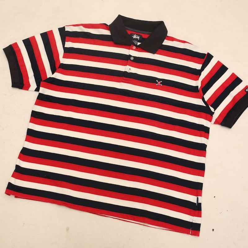 stussy 総柄　ポロシャツ　刺繍　ワンポイント　vintage ボーダー STUSSY - stussy 総柄 ポロシャツ 刺繍 ワンポイント vintage