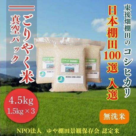 販売開始【2025年（令和7年）新米】真空パック　無洗米　ごりやく米「東後畑棚田こしひかり」 無洗米4.5㎏ (無洗米真空パック1.5㎏×3個)