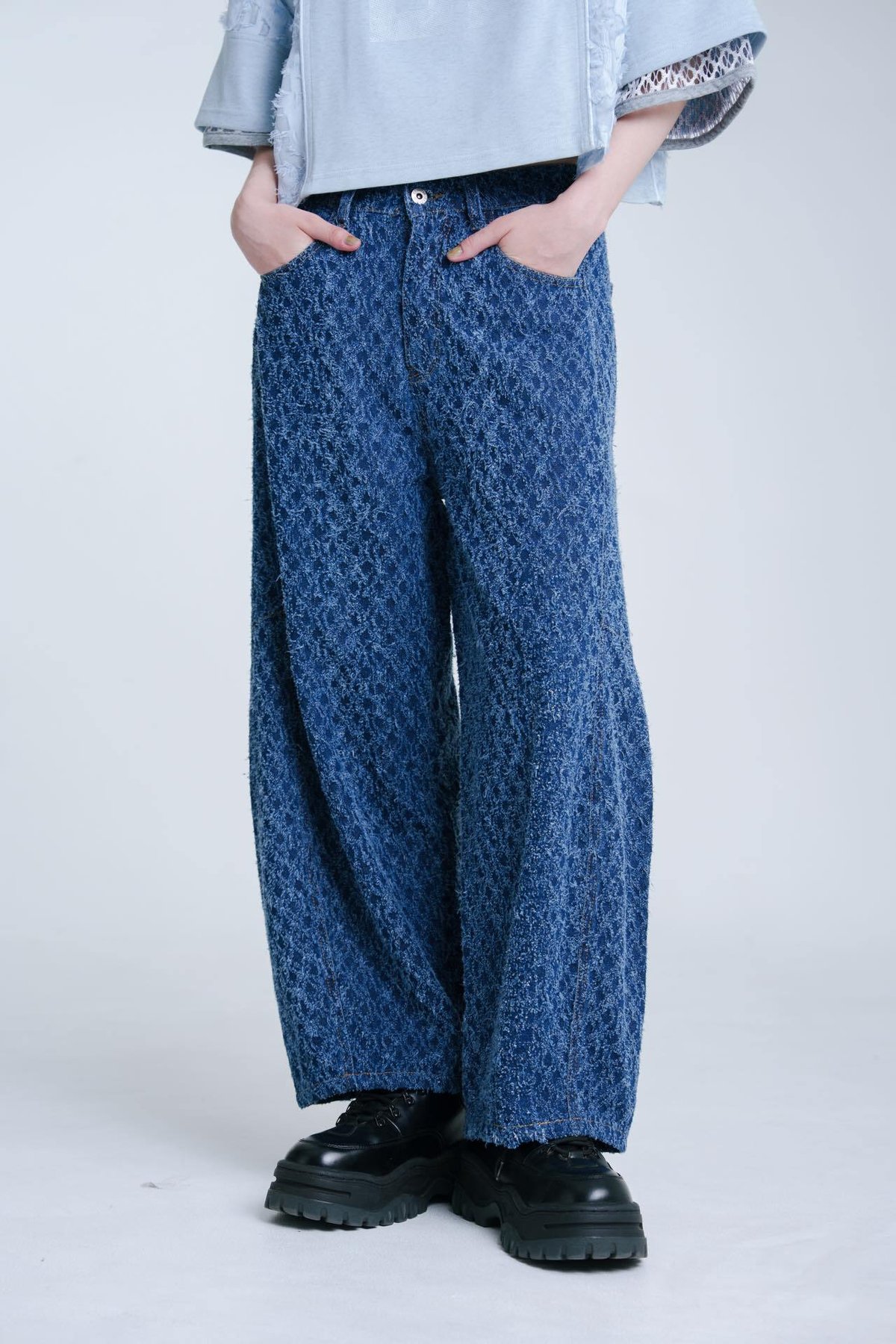 Jacquard Barrel Denim Pants - ブルー | harapeco Store