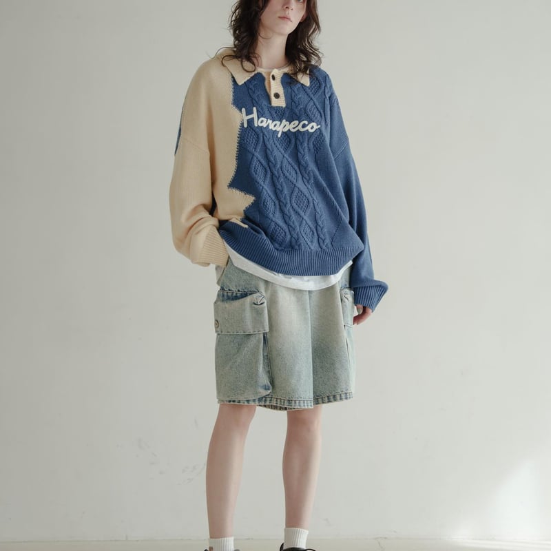 Bicolor Button Knit - ブルー | harapeco Store