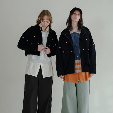 Button Design Velour DenimJacket - ブラック